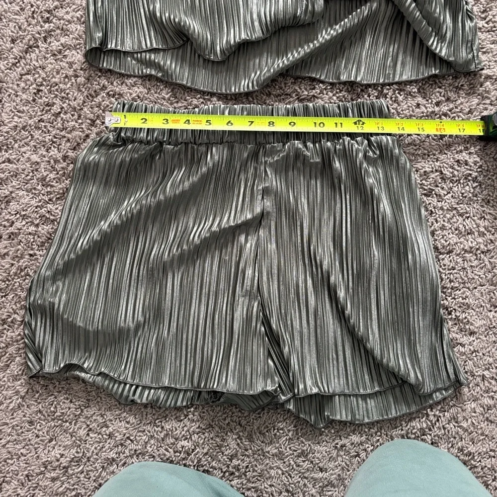 SHEIN Metallic Olive Green pleated shirt and shorts matching set